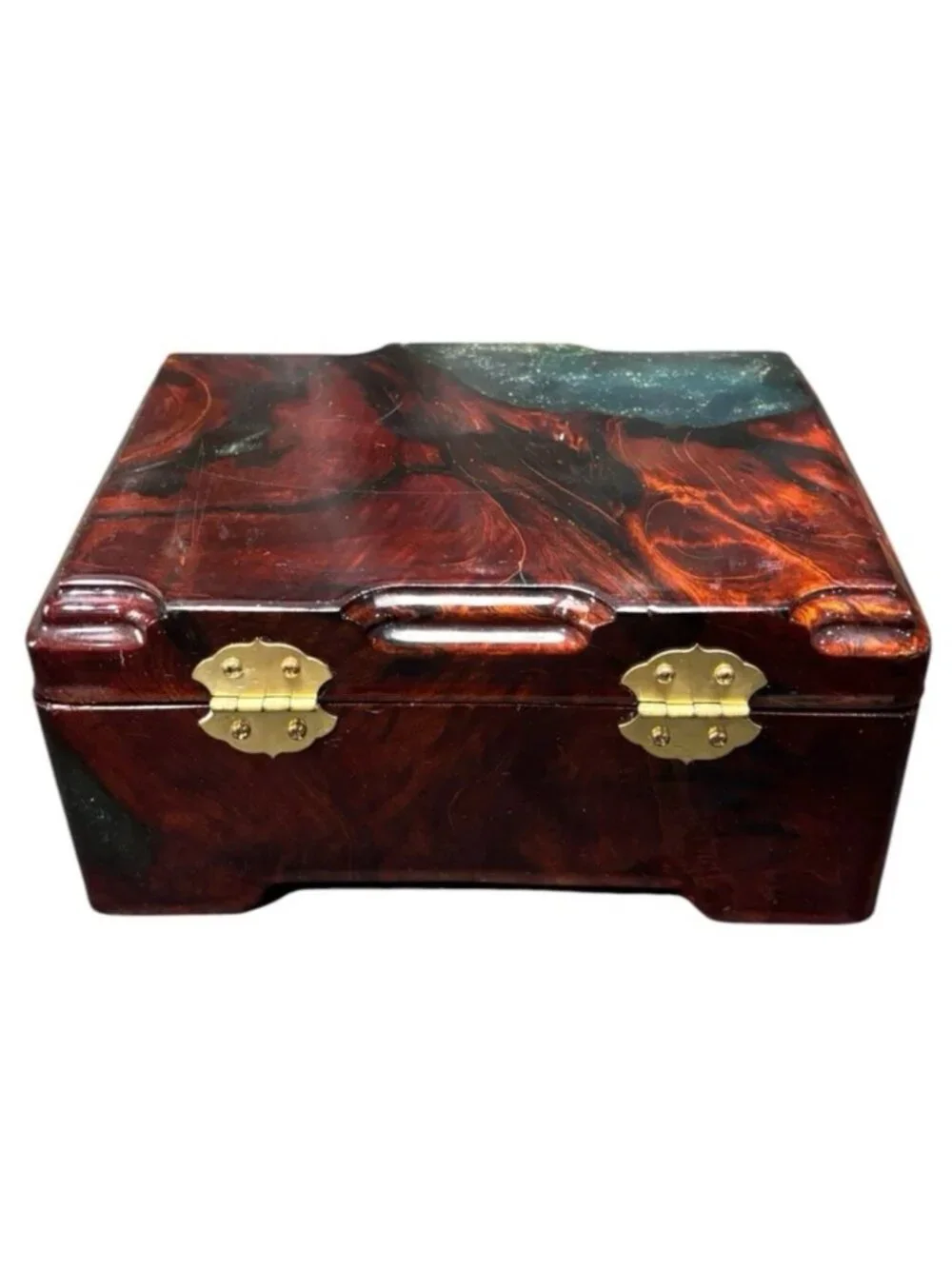 Vintage epoxy jewelry / trinket box featuring a beautiful faux burl wood swirl